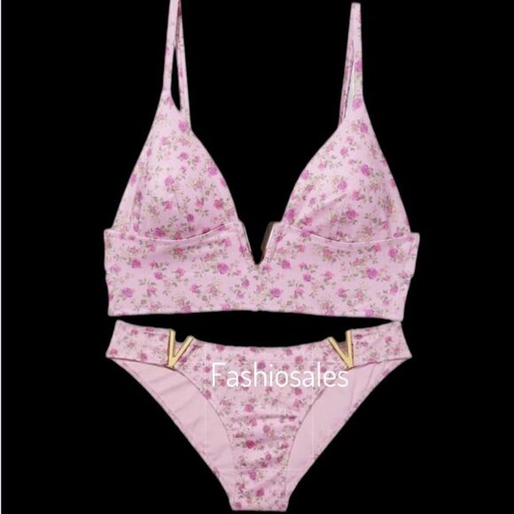 Victorias Secret Swim V-Hardware Padded Bikini Top & bottom Set Ditsy pink L - Picture 2 of 10